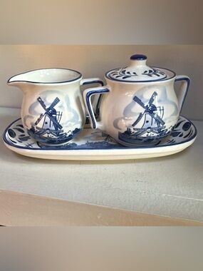 Delft Blue Ceramic Covered Sugar-bowl, Creamer With Tray 3pc Set